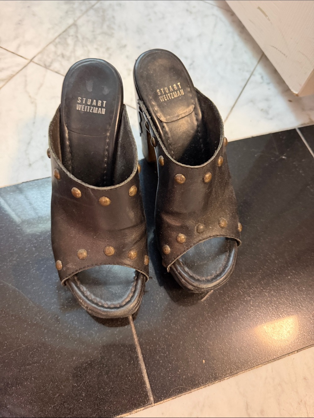 Stuart Weitzman Black Leather Studded Open-Toe Slide Mules